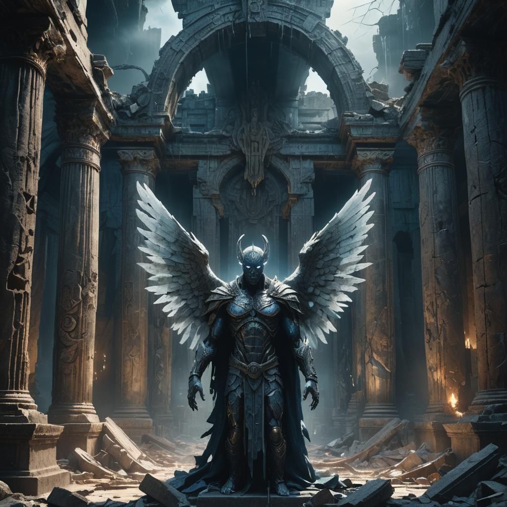 Angelic and Demonic Figure in Ruined Temple
