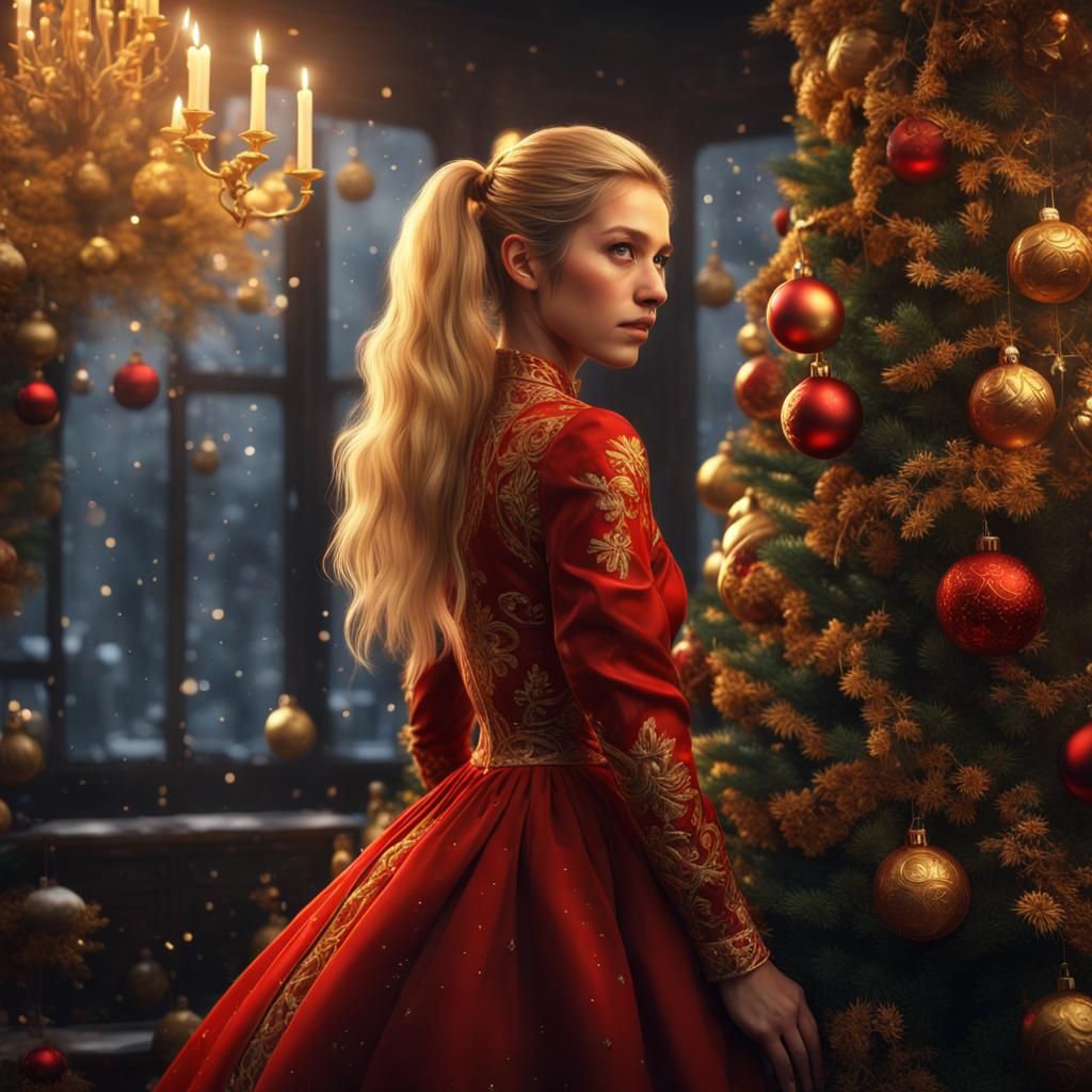Girl in Red Dress Beside Christmas Tree