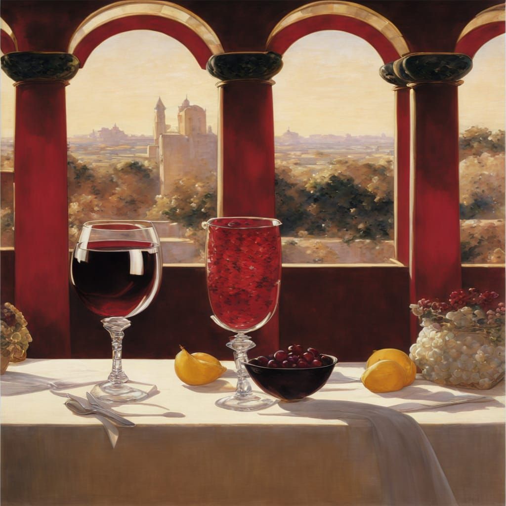 Tablecloth Illuminated in Sunbeam, Elegant Wine Glass and Gr...