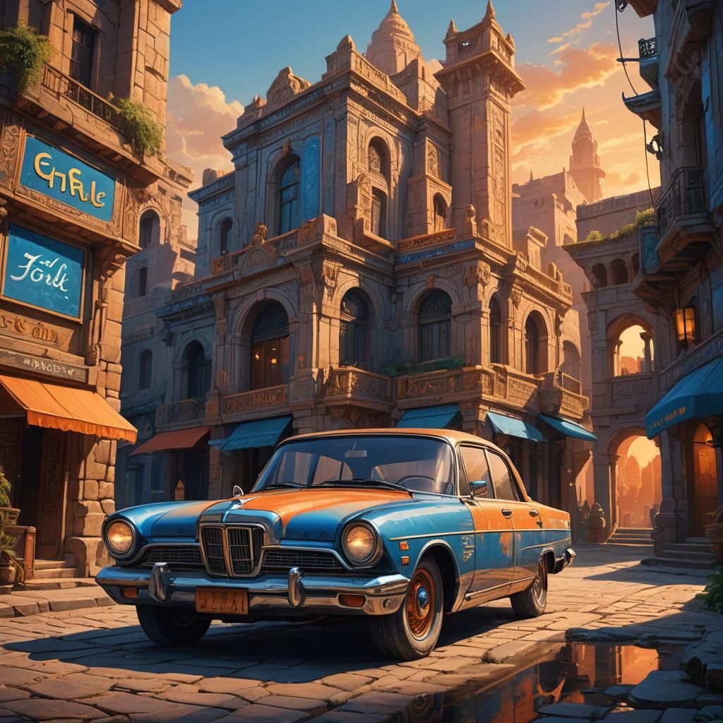 Old Car in Ancient City: Fantasy Concept Art