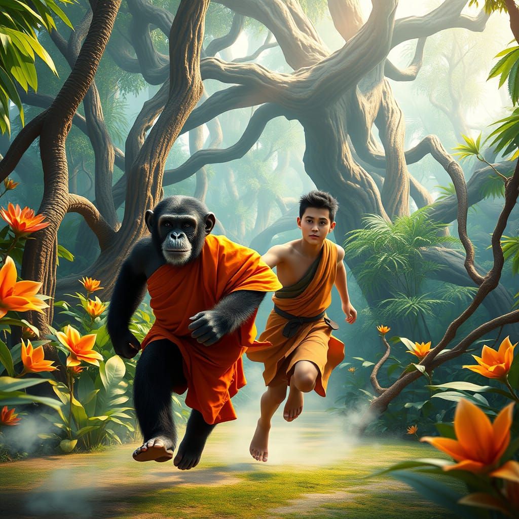 Young Buddhist Adventurers Navigate Lush Jungle Maze