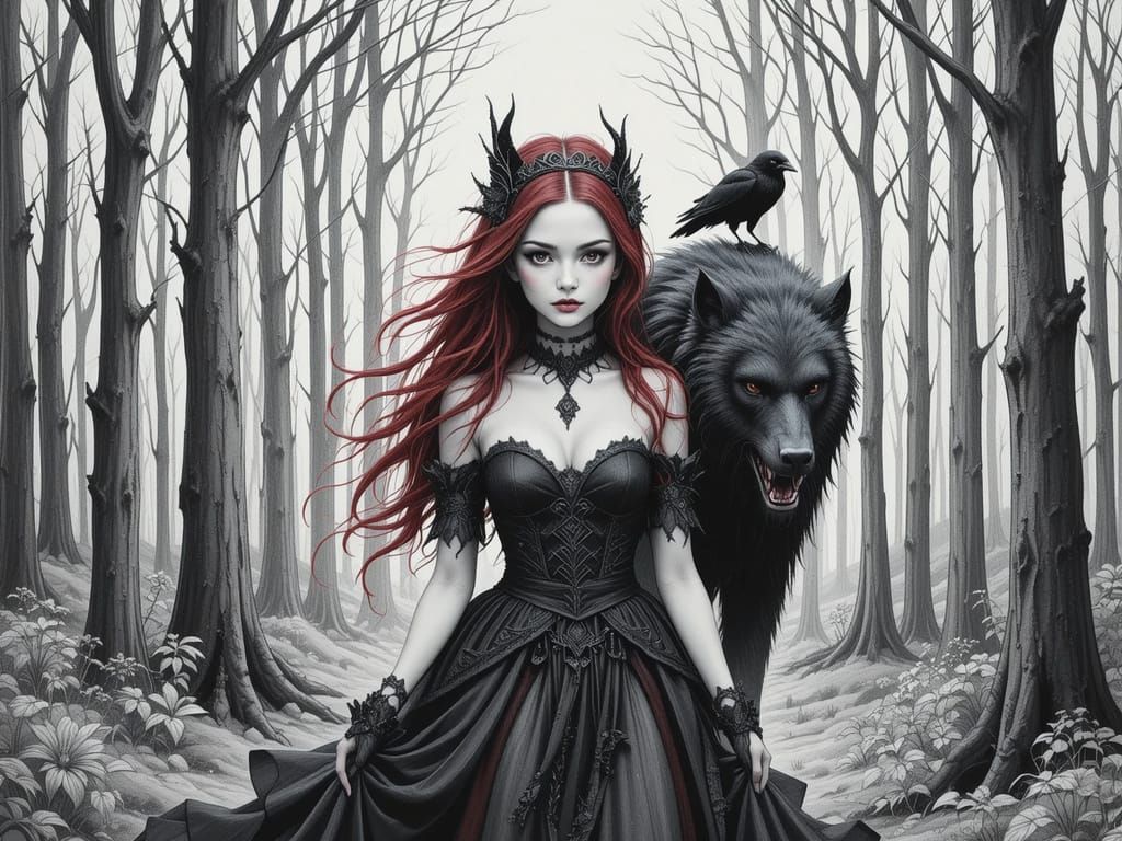 Gothic Princess and Her Enigmatic Beast in a Dark Forest