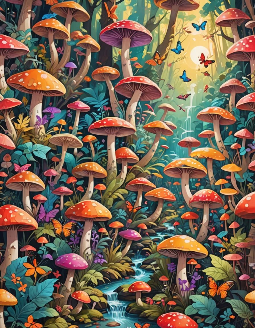 Psychedelic Mushroom Forest with Sunlight, Abstract Art