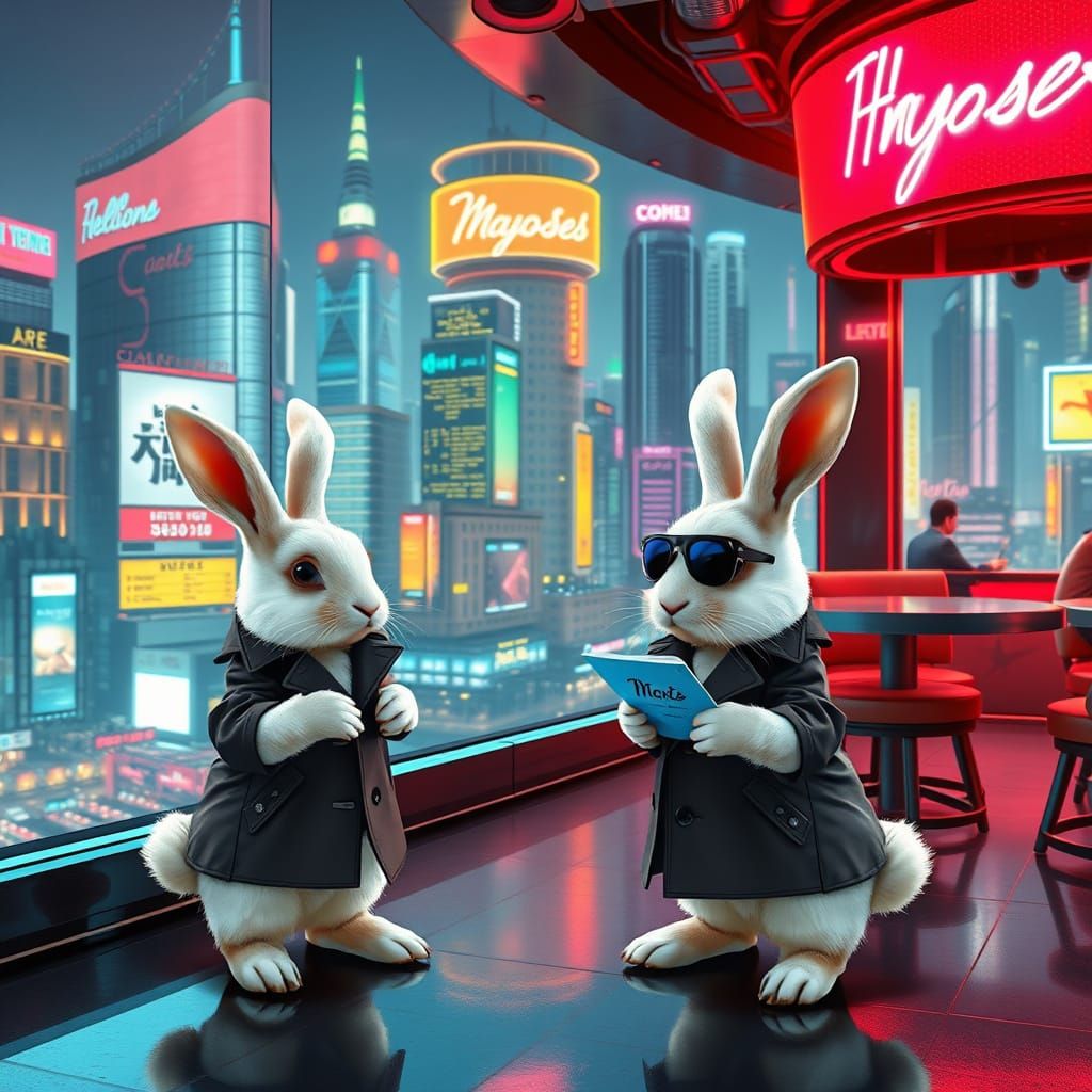 Cyberpunk Cafe Scene with Rabbits in Trench Coats