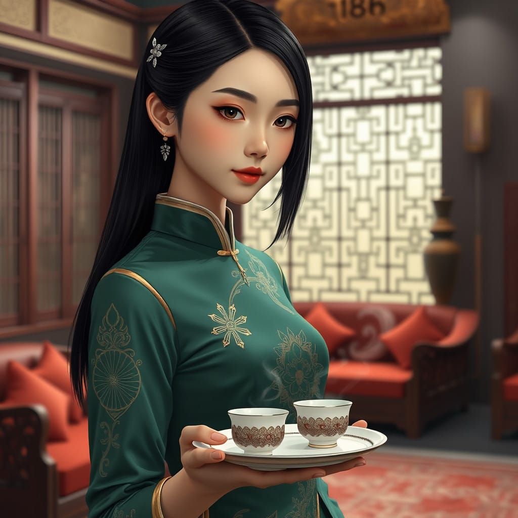 Traditional Chinese Maid Girl in Elegant Living Room with Te...