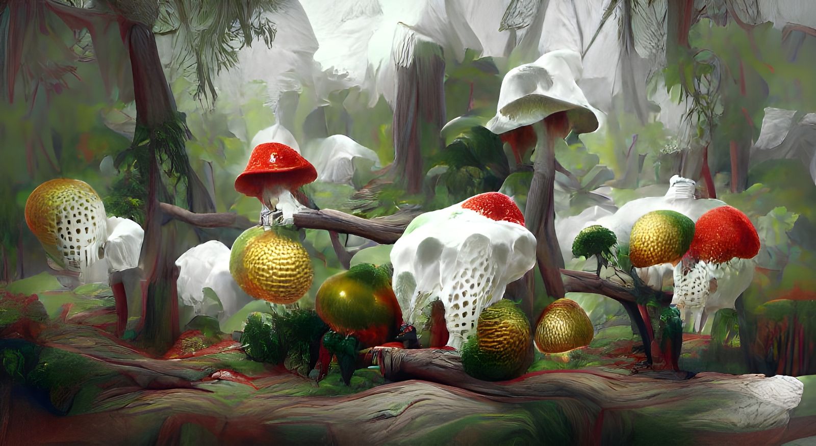 Amanita Mushrooms Growing on Jungle Trees