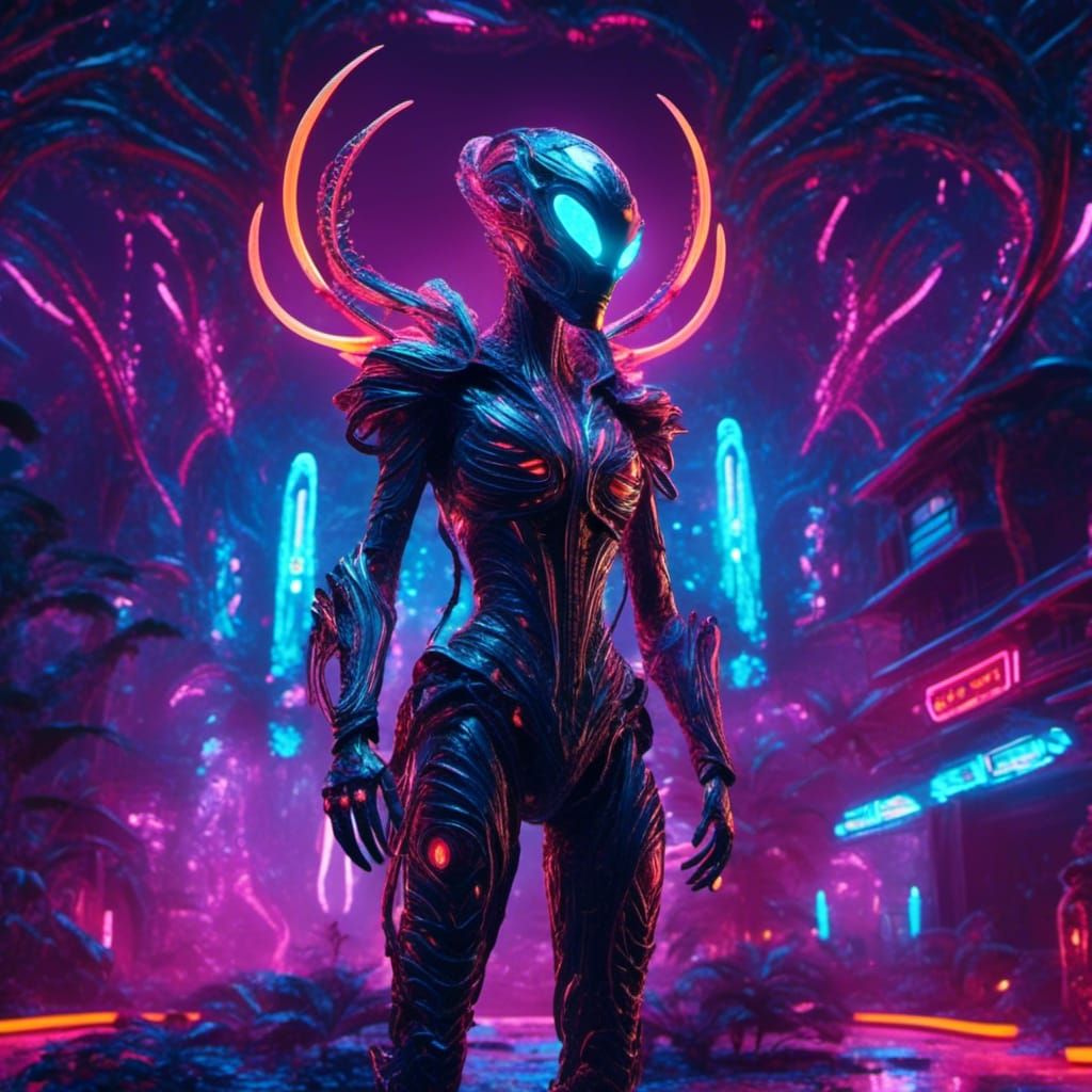 Synthwave Death Figure Dancing in Neon Cityscape