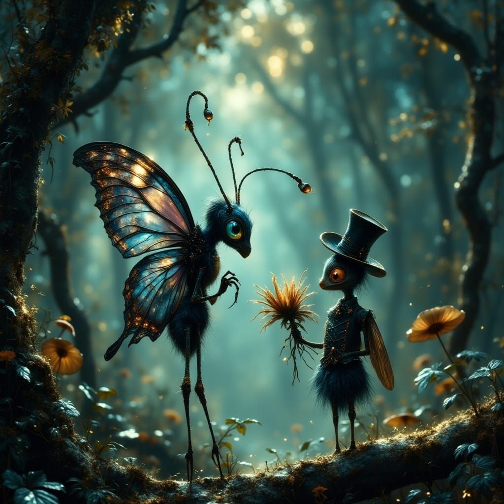 Butterfly in Moonlit Forest: Gothic Storybook Illustration