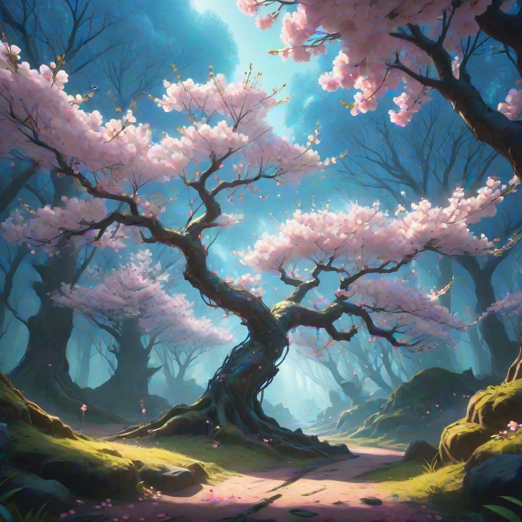 Giant Cherry Blossom in Mystical Forest, Oil Painting