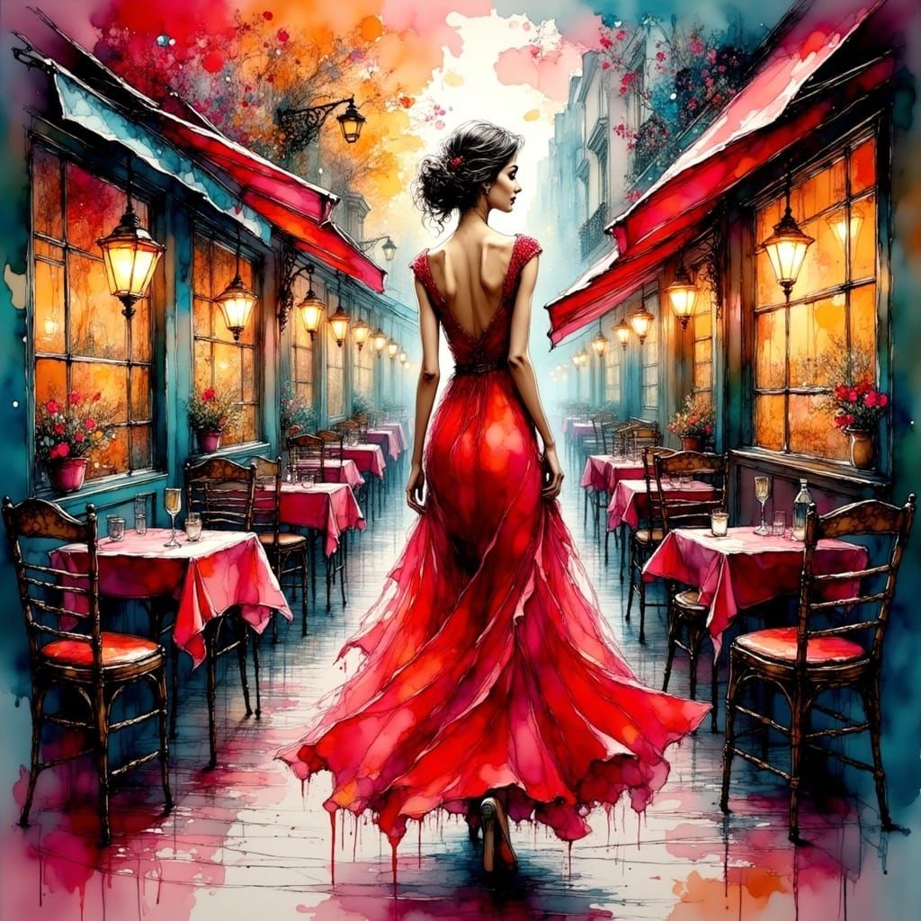 Elegant Woman in Vibrant Evening Gown Strolling Down Parisia...
