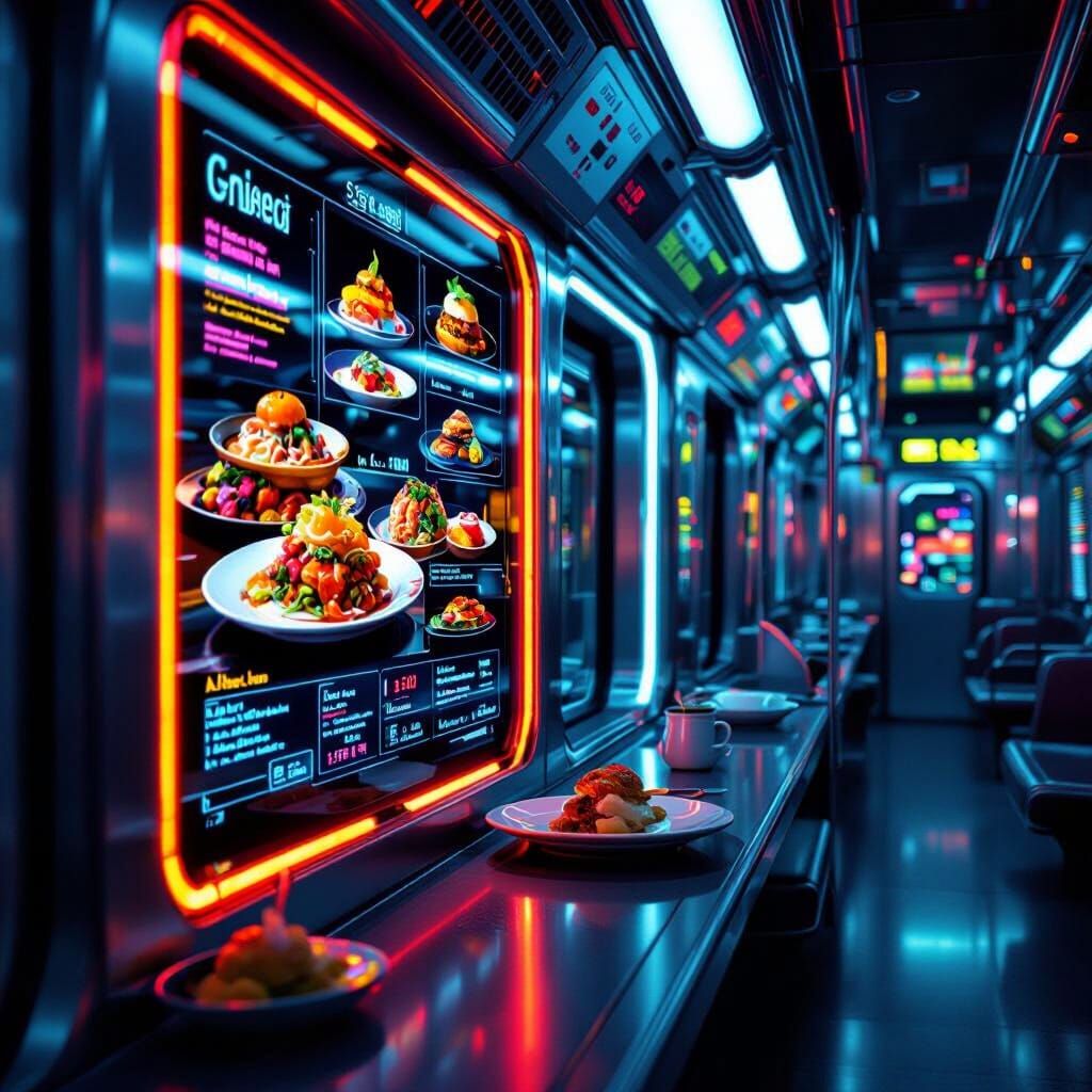 Futuristic Subway Interior with Neon and Holographic Food Di...