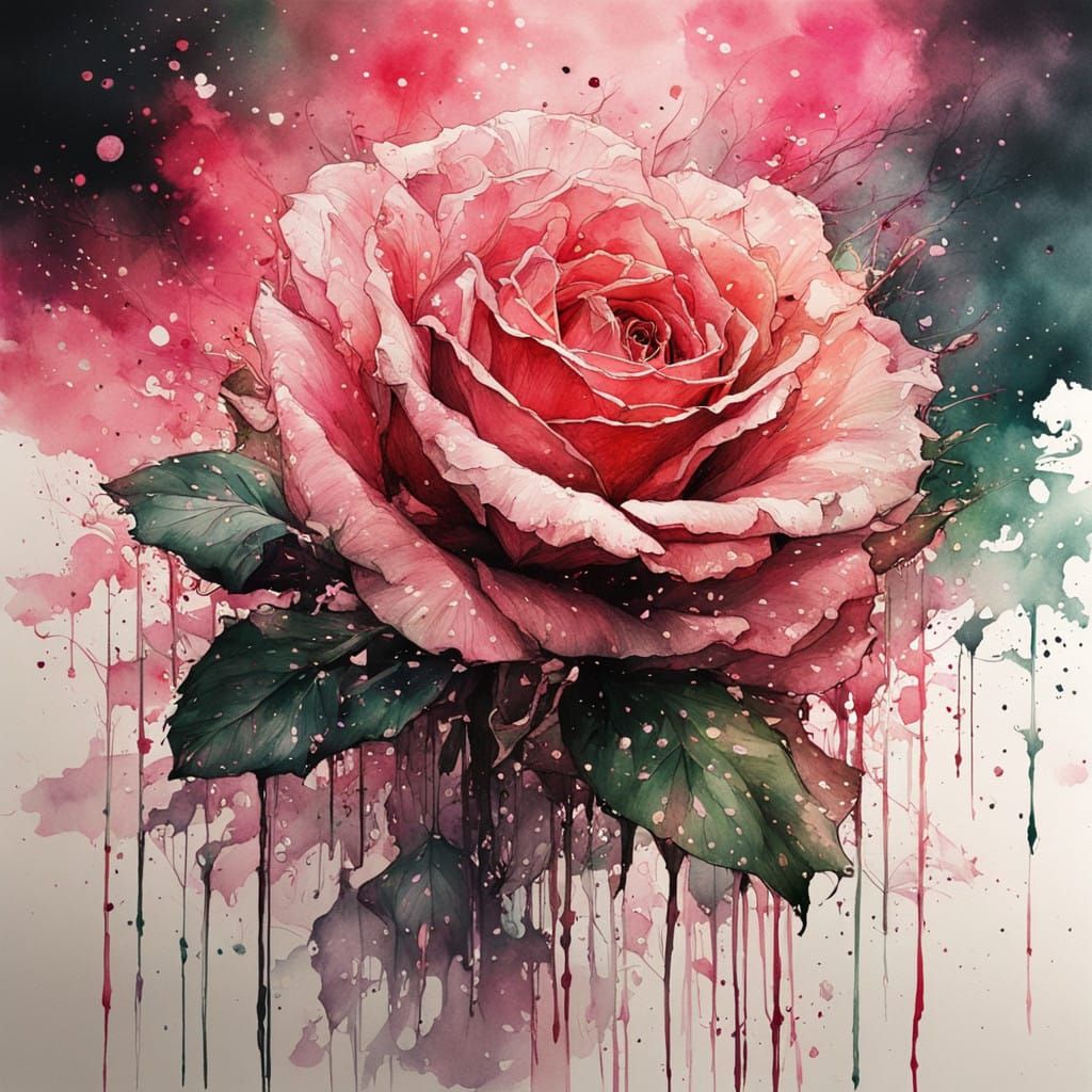 Vibrant Rose Blooms in a Watercolor Dreamscape with Sparklin...