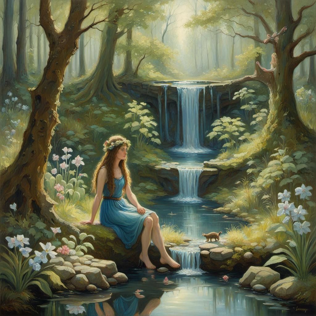 Fairy Maiden in Spring Forest, Oil Painting