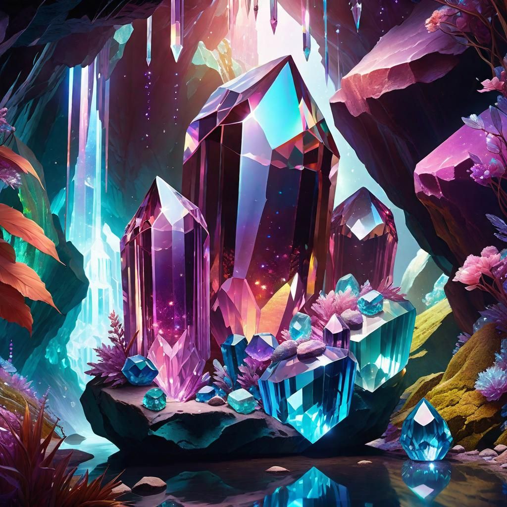Holographic Crystal Cave in Fairycore Fantasy Landscape