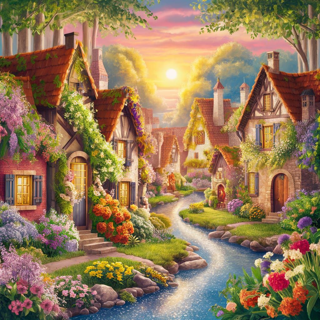 Picturesque Country Village at Sunset with River