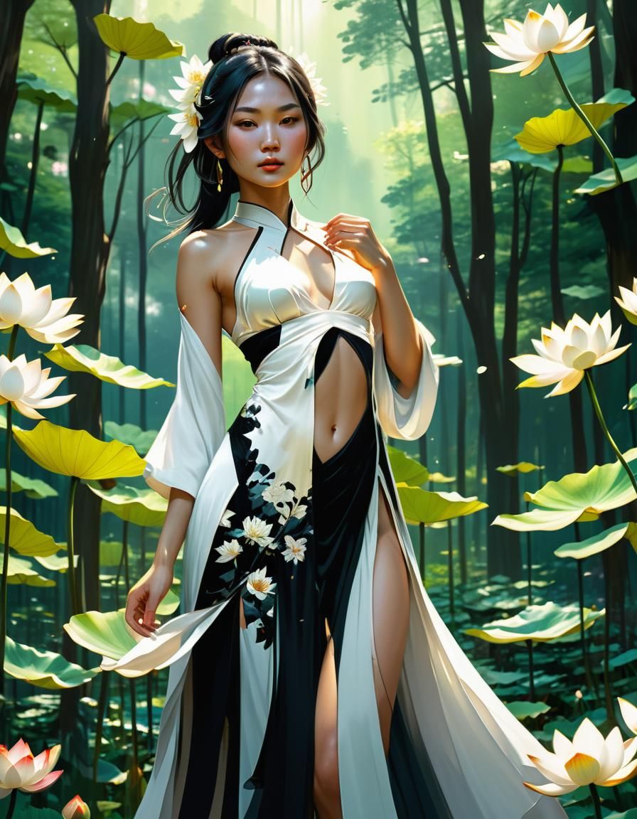 Beautiful Woman in Lotus Forest, Hyperdetailed Portrait