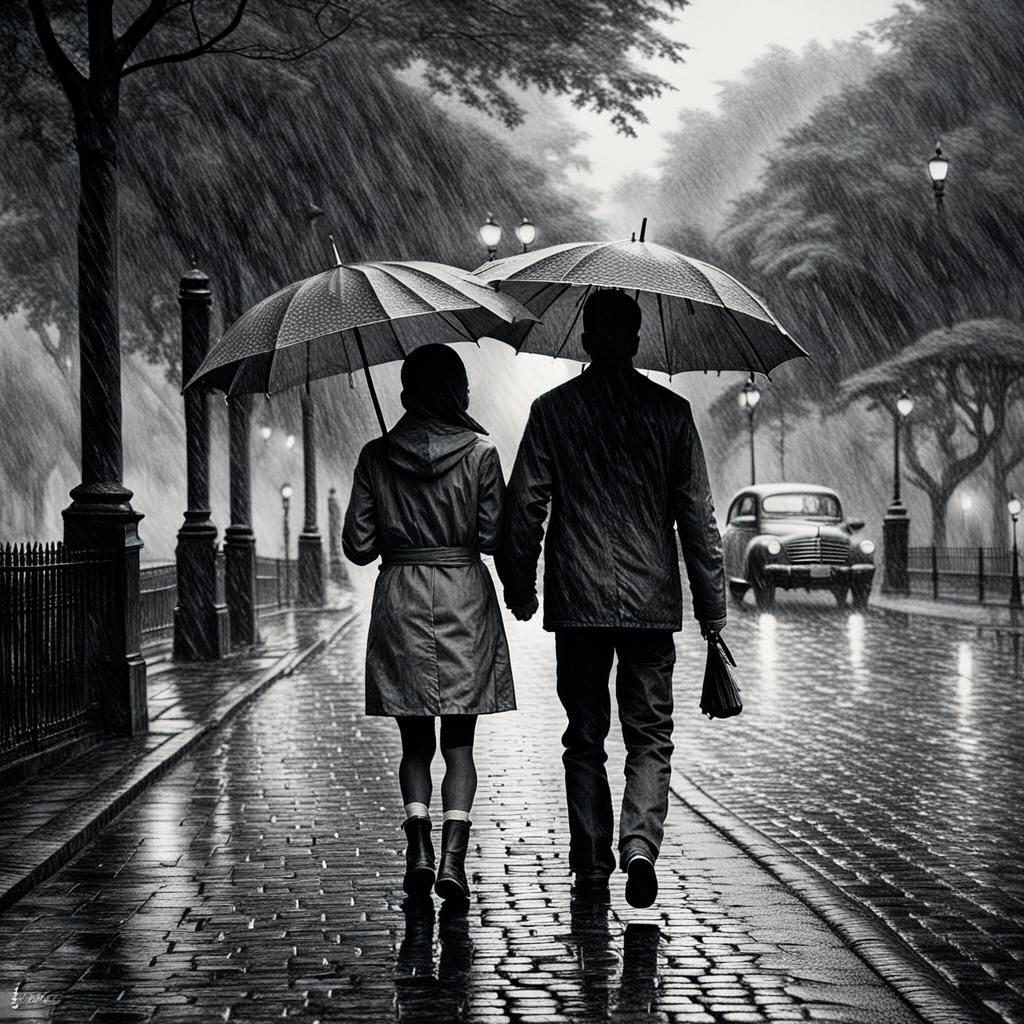 in the morning in rainy weather, a girl and a boy walk toget...