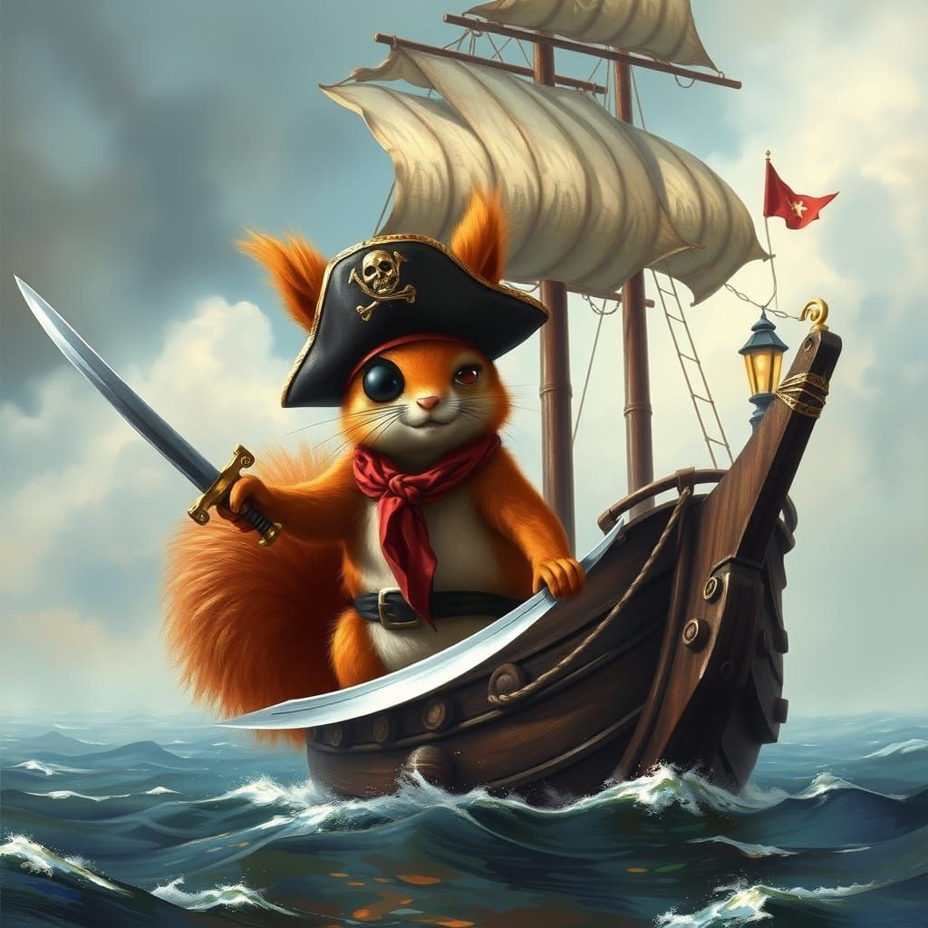 Surreal Pirate Ship Scene with a Red Squirrel Swashbuckler i...