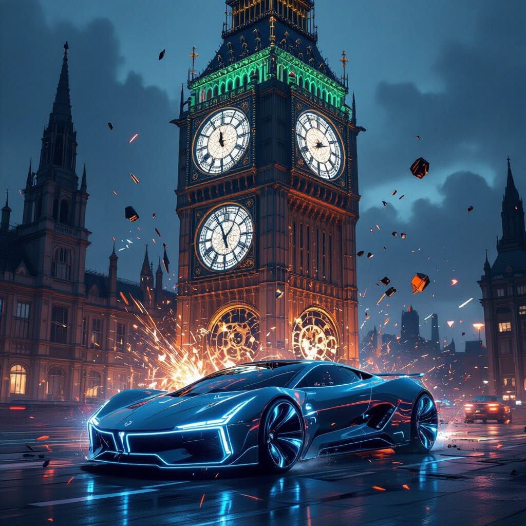 Futuristic Big Ben Car Crash: Cyberpunk Style
