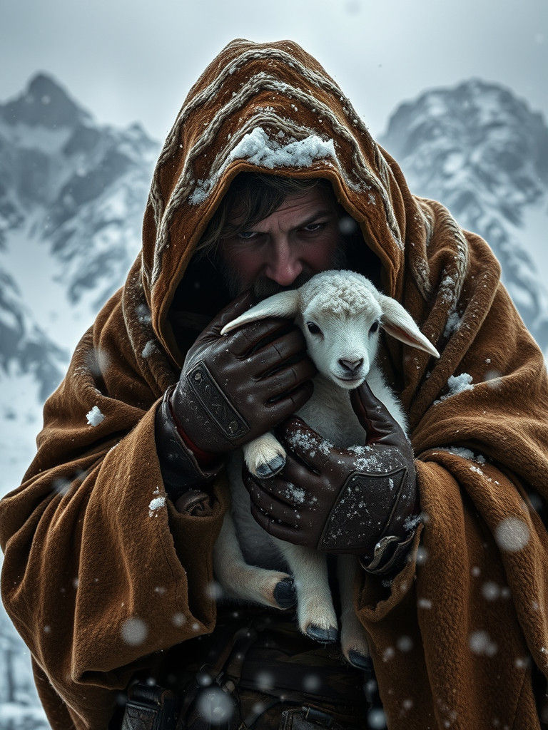 Shepherd Shelters Lamb in Snowstorm: Cinematic Realism