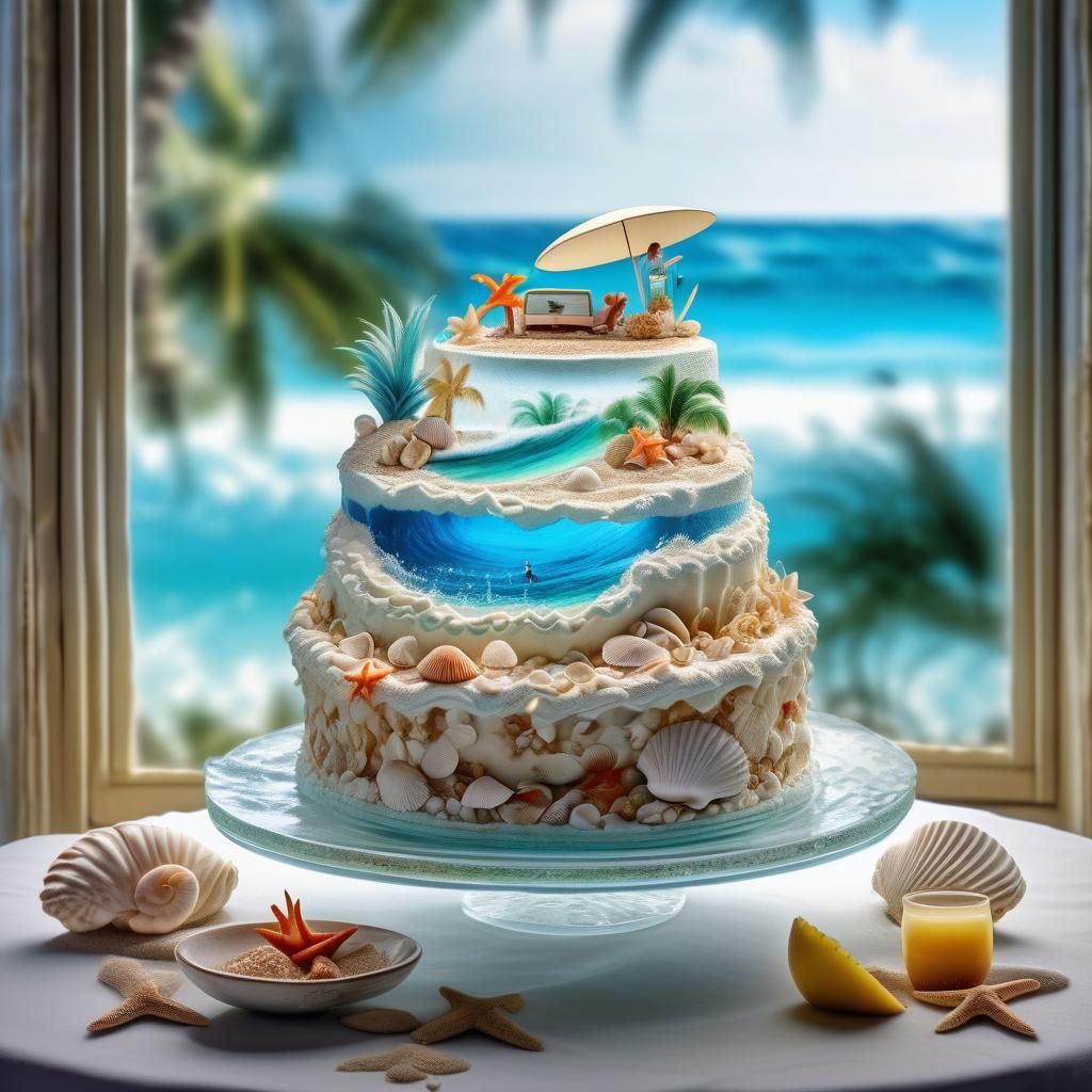 Hyperrealistic Surfer Wedding Cake on Tropical Beach