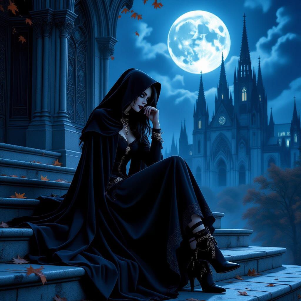 Gothic Girl on Cathedral Steps Under Full Moon