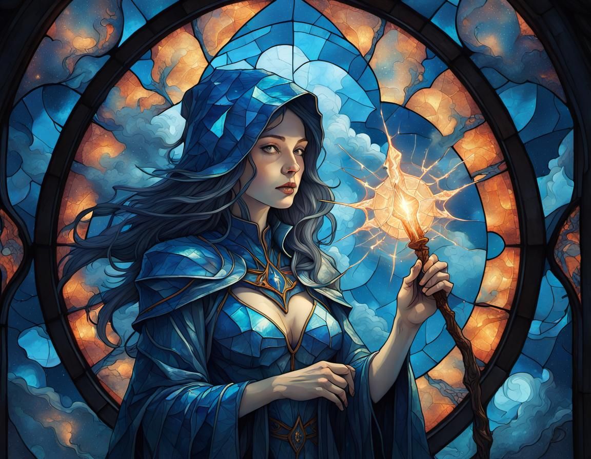 Blue Sorceress Stained Glass Window in Surreal Style