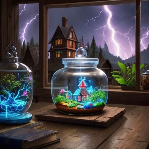 Enchanted Terrarium with Neon Lightning, Digital Art