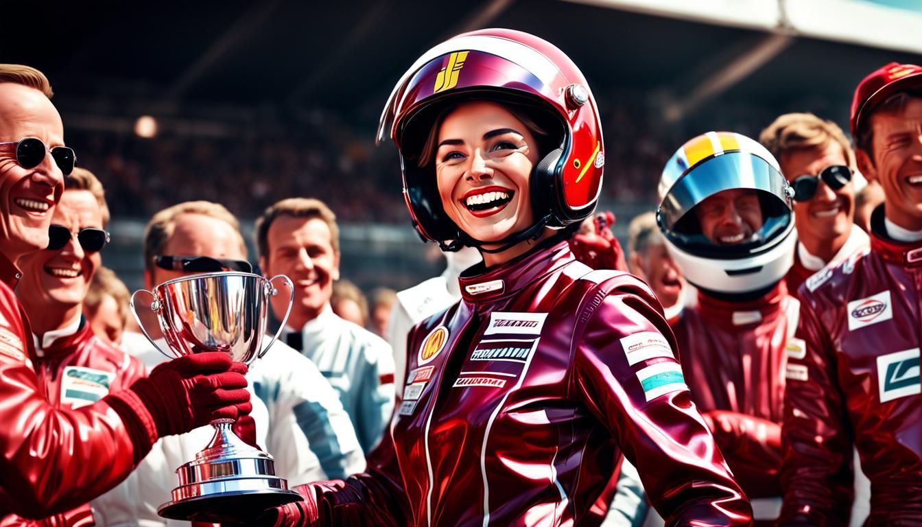 Triumphant Woman Racer Celebrates Victory