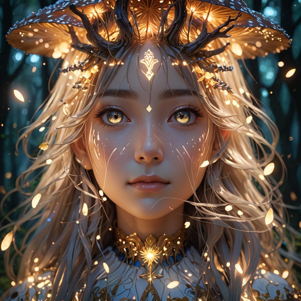 Mystical Anime Woman in Glowing Forest, 3D Render