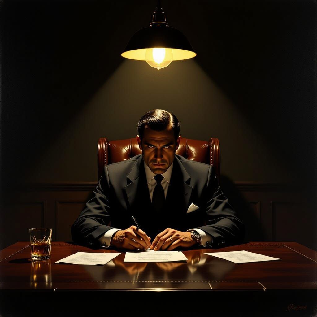 Mafia Boss in Shadow, Dramatic Cinematic Oil Painting