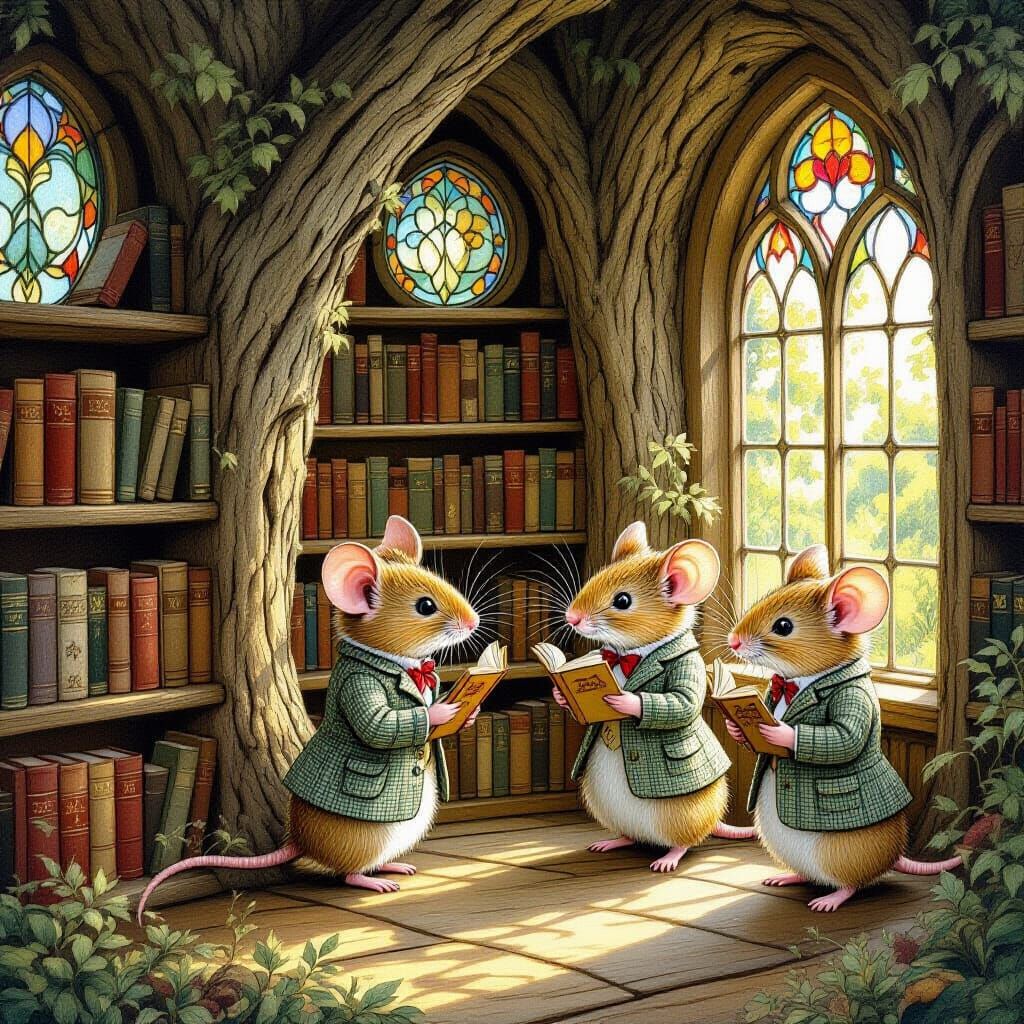 Mice Bibliophiles in Woodland Library, Beatrix Potter Style