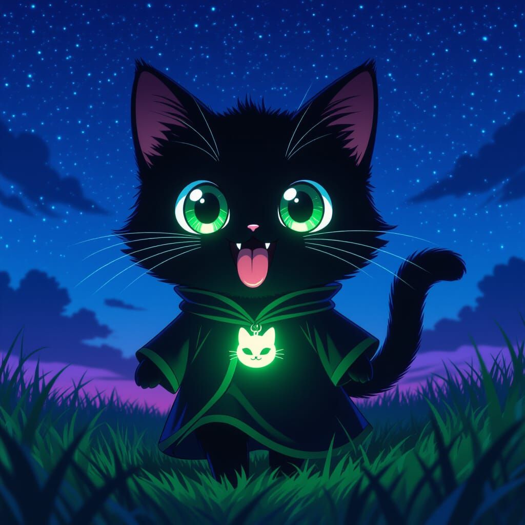 Cute Cat Wizard in Neon Retrowave Style