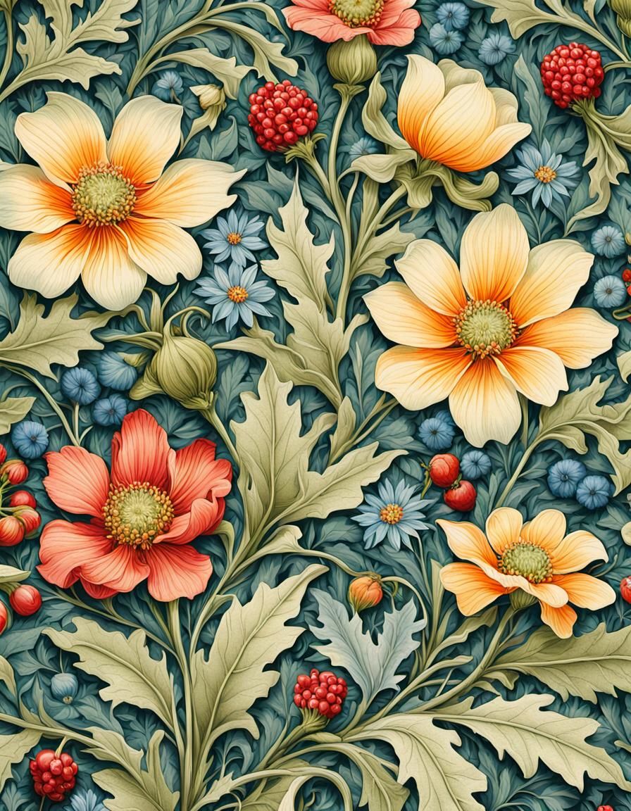 Lush Meadow: Wildflower Pattern in Arts and Crafts Style