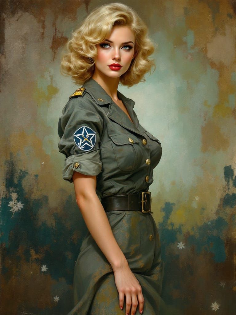 Blonde Pin-Up Woman in 1940s Uniform, Atmospheric Oil Painti...