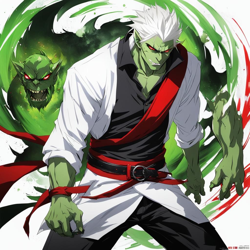 Handsome Orc Man with Red Eyes in Anime Style