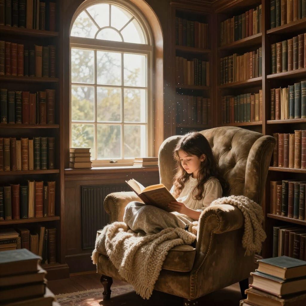 Sunlit Library Scene with Girl Reading
