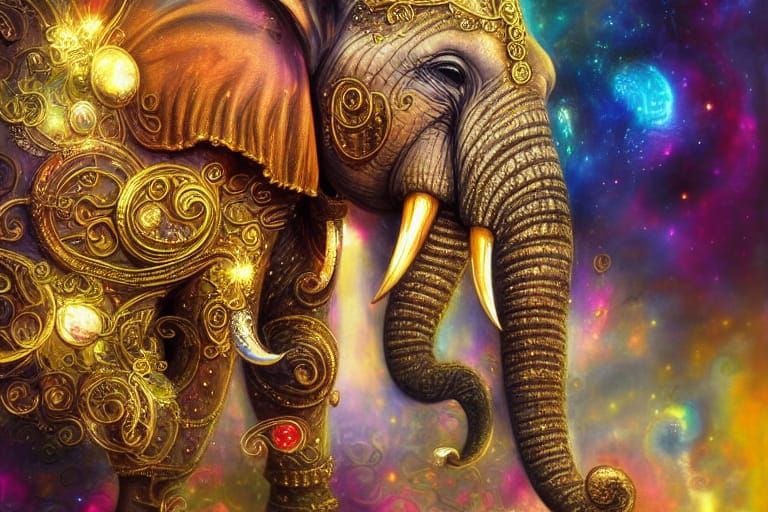 Golden Fractal Elephant in Digital Oil Painting