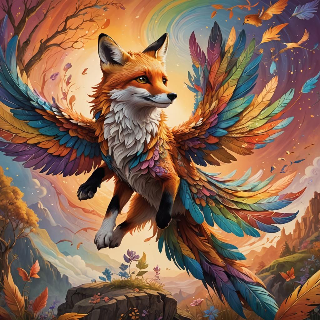 Fox with Rainbow Wings Soaring at Sunset