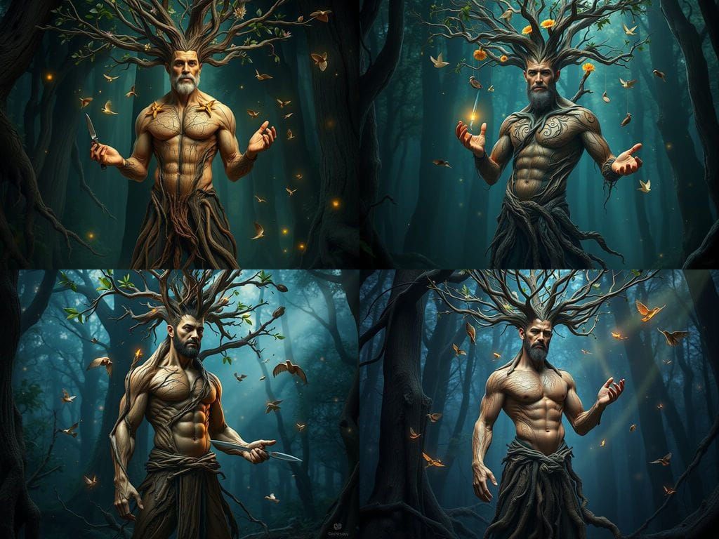 Magical Tree-Man Artist Carving Himself in Mystical Forest