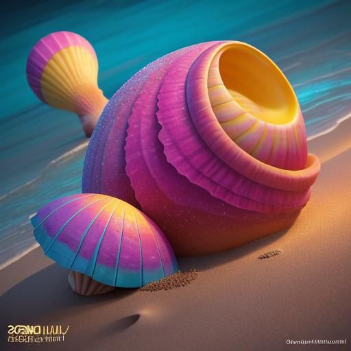 Colorful Seashells on Beach in 3D Digital Oil Painting