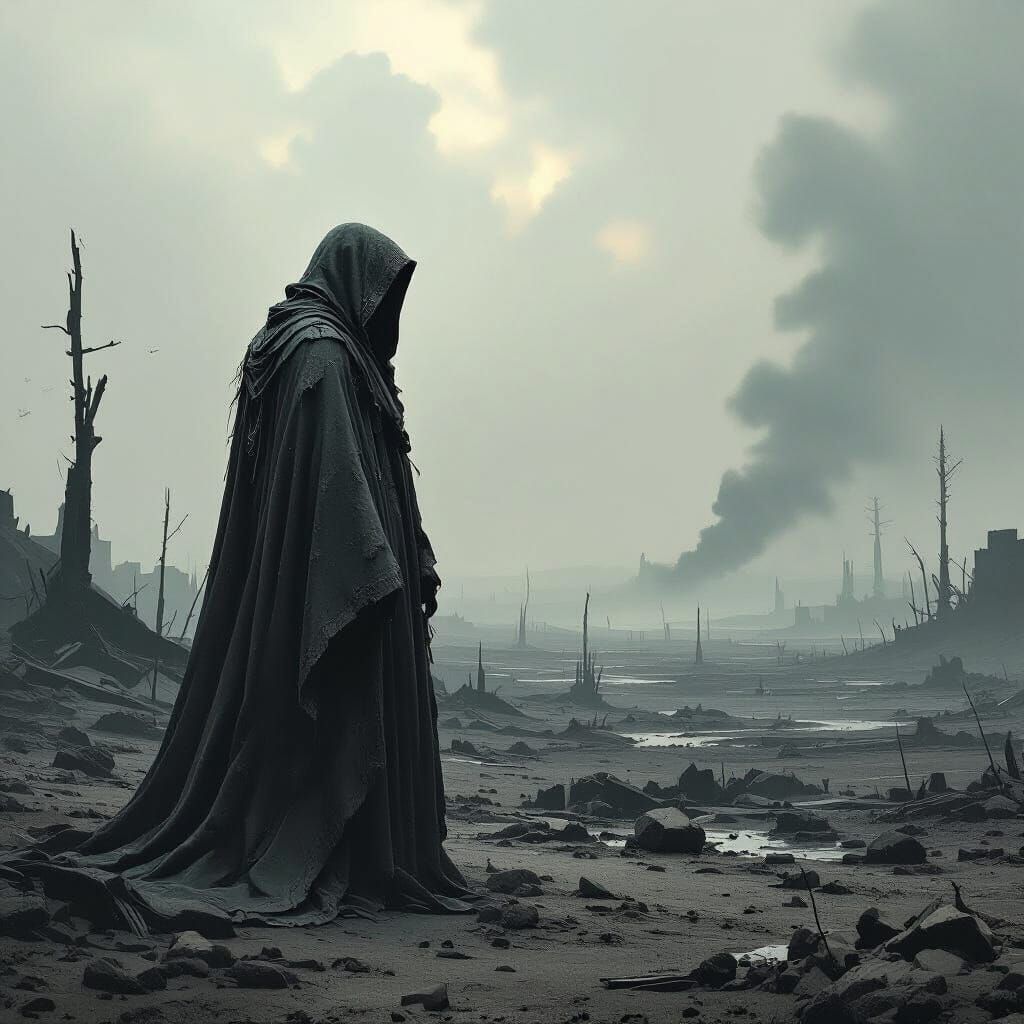 Desolate Figure in War-Torn Landscape