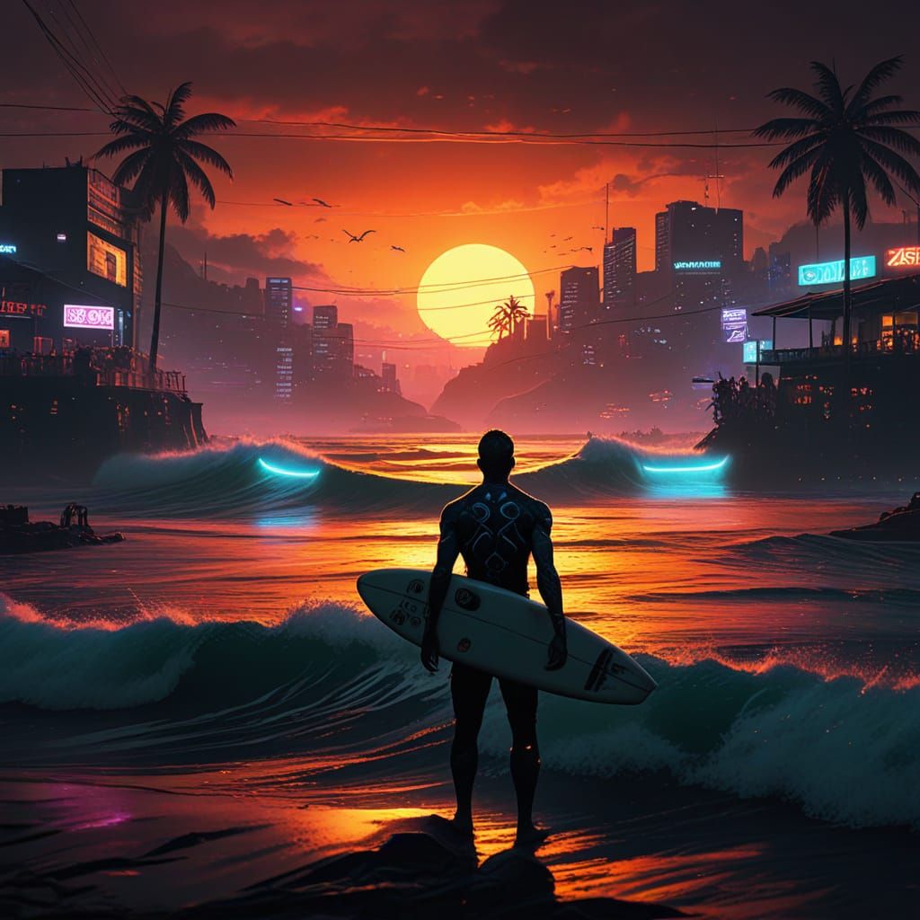 Cyberpunk Surfers Ride Neon Waves at Uluwatu