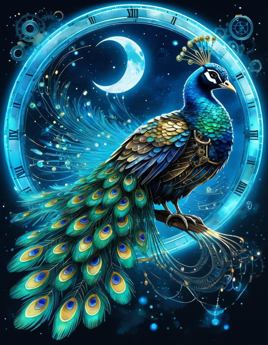 Steampunk Peacock Shines Under Full Moon