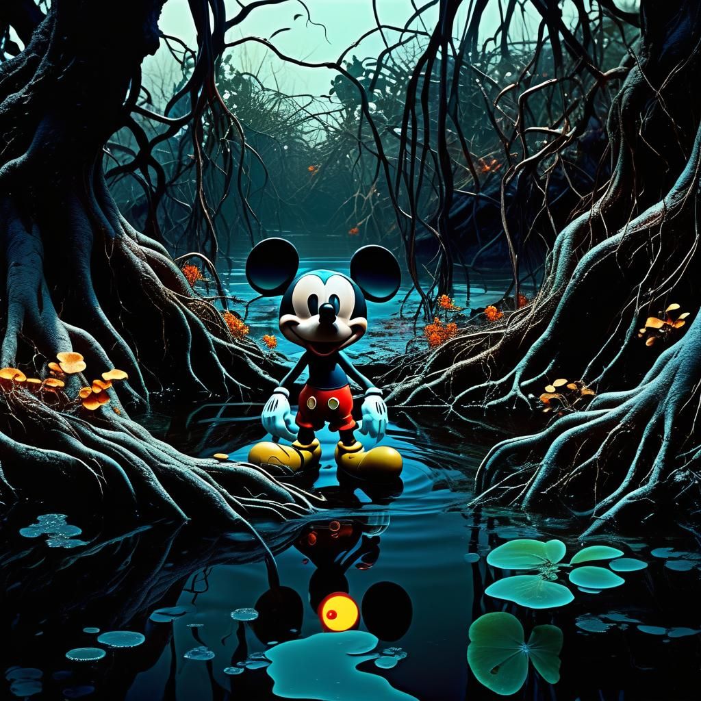 Surreal Mickey Mouse Emerges from Murky Depths