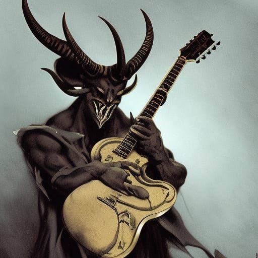 Horned Devil Plays Guitar in Heavy Metal Art