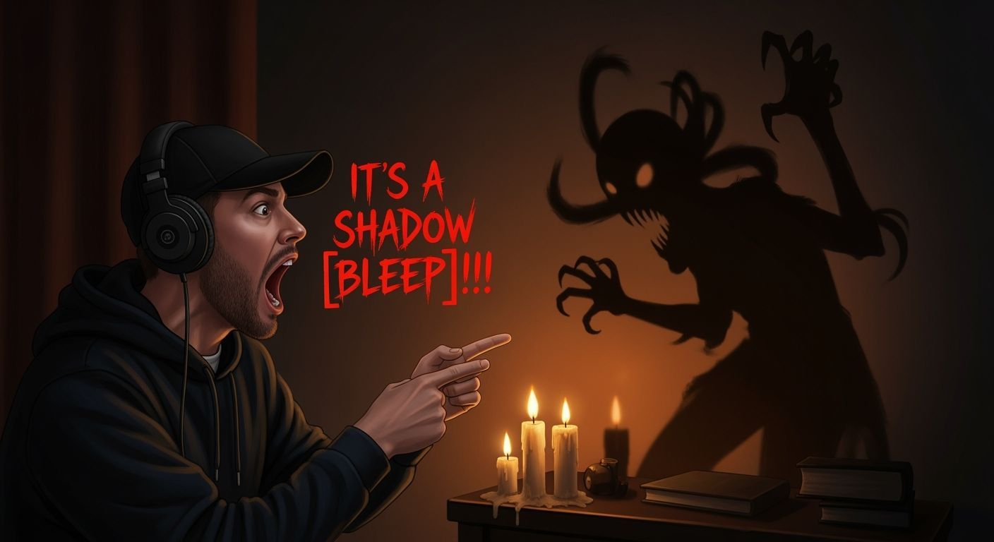 Terrified Man Confronts Shadow Monster in Giger Style