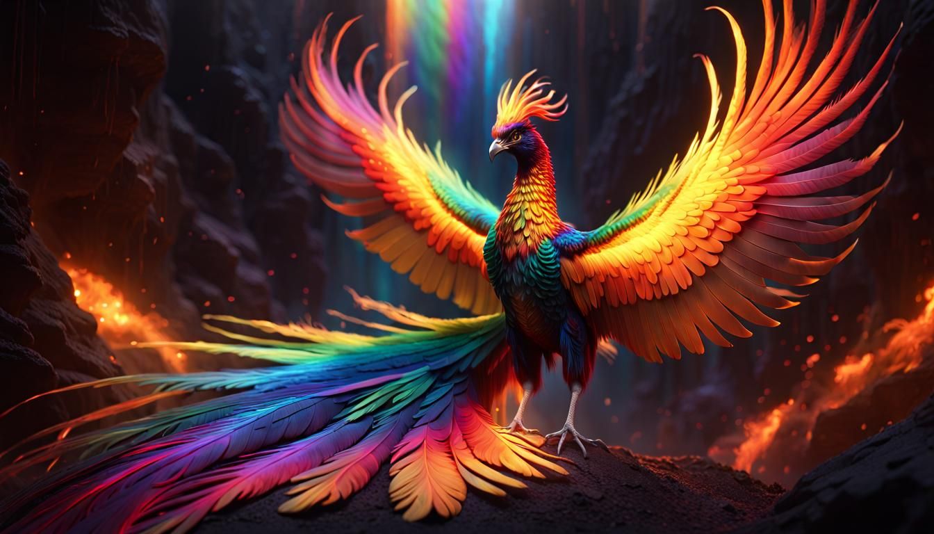 Epic Phoenix Displays Vibrant Rainbow Tail Feathers in Dark....