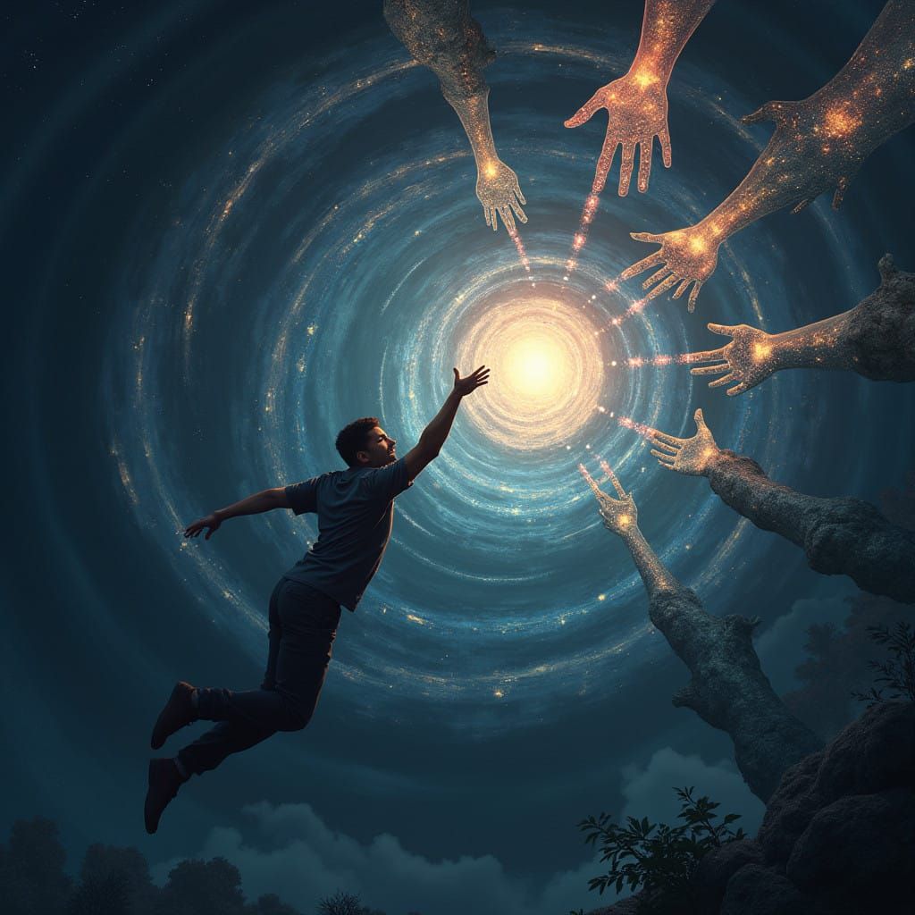 Desperate Hands Reach for a Man Trapped by a Swirling Black...