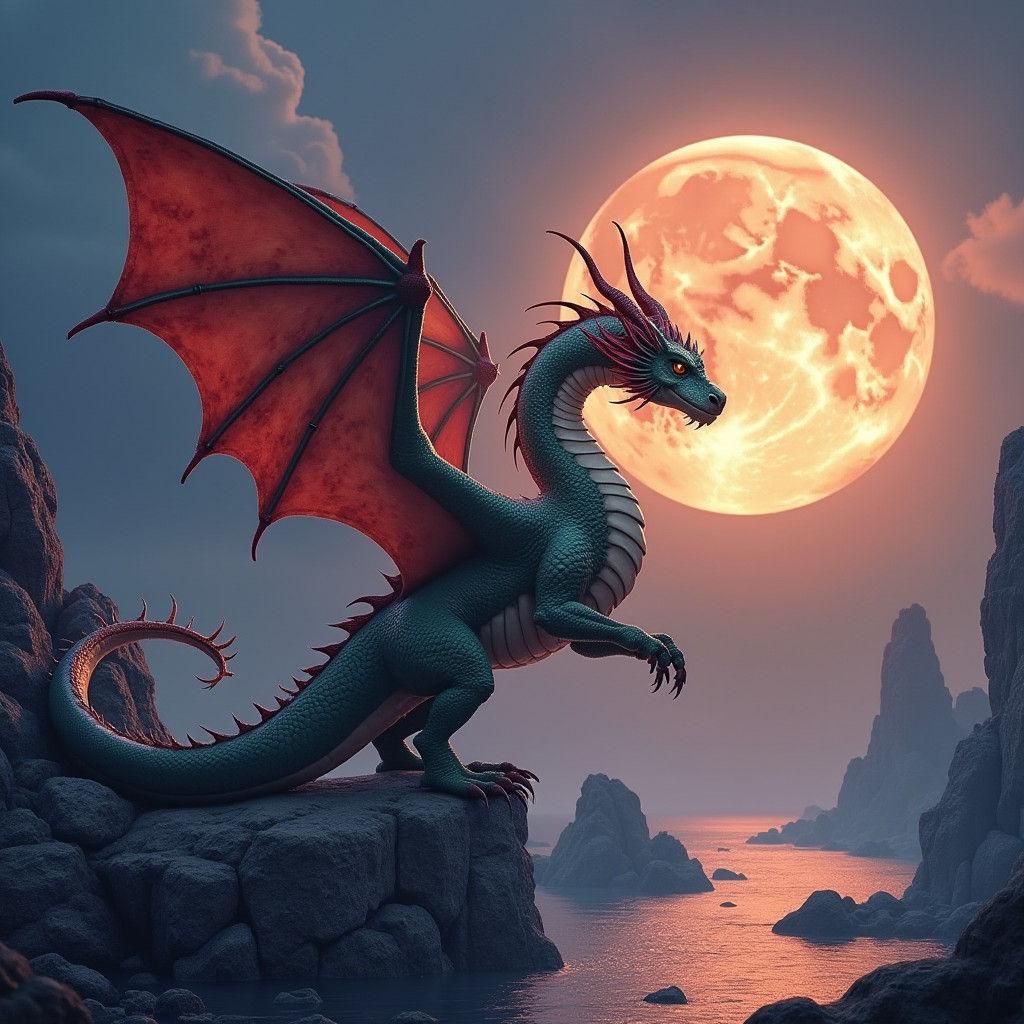 Detailed Dragon Climbing Cliffs, Fantasy Concept Art